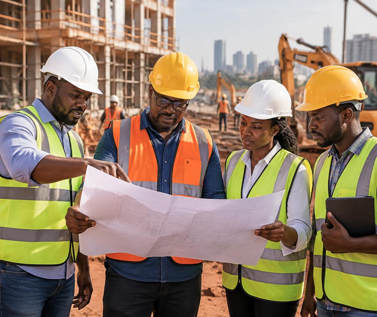Construction crew reviewing blueprints on site