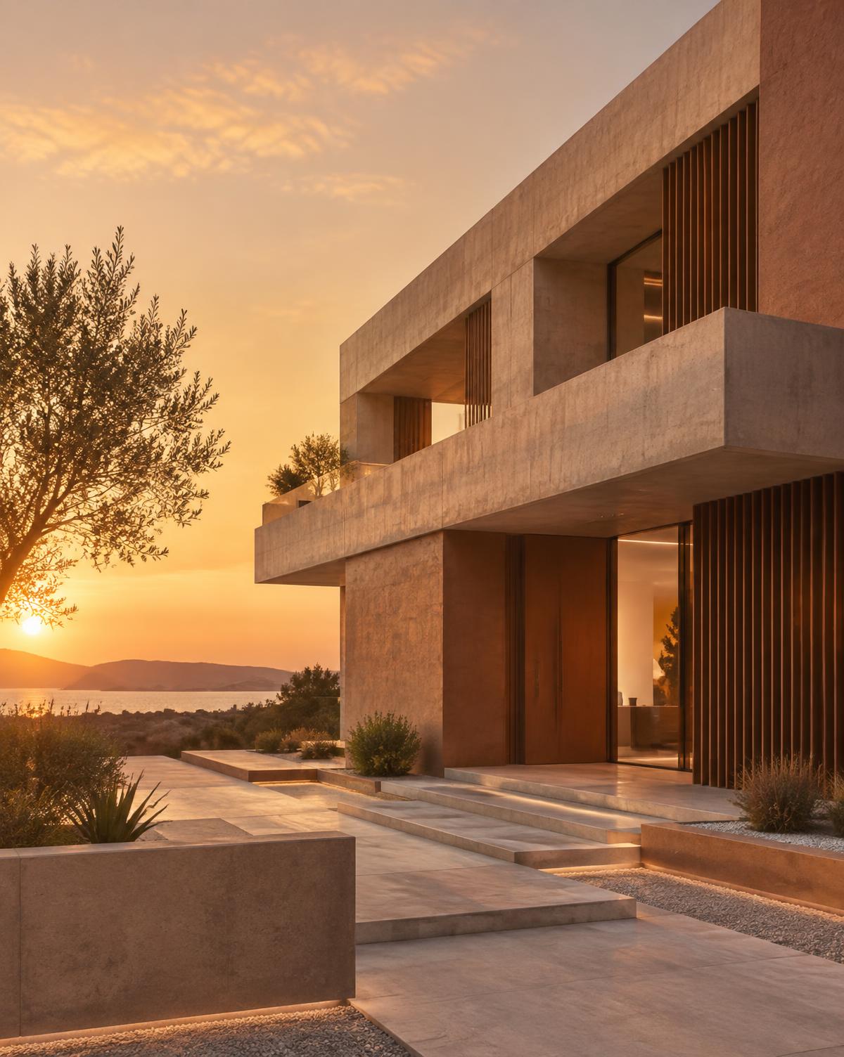 Modern concrete residential building at golden hour